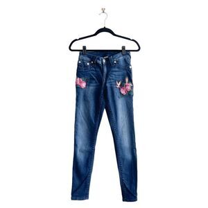 True Religion Womens Denim Jeans Skinny Embroidered Floral Blue Wash Size 26